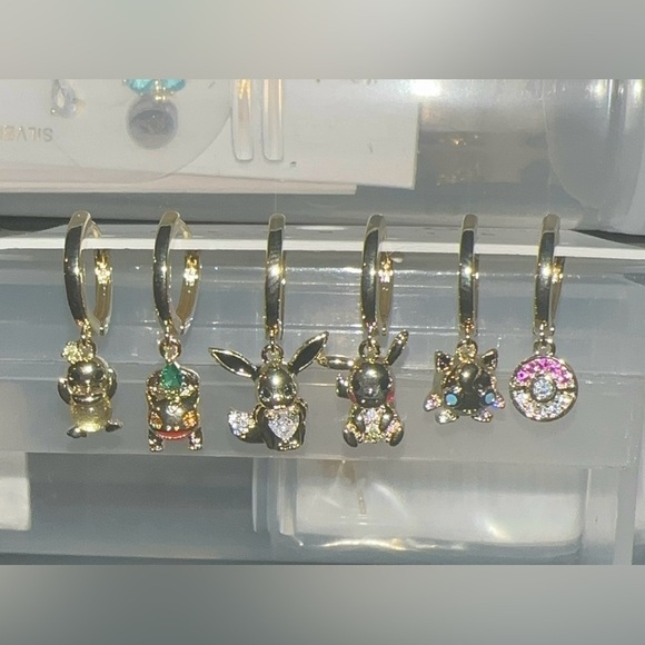 14K Gold Pokemon Psyduck & Bulbasaur & Eevee & Pikachu & Jiggly Puff  Earrings - Picture 3 of 3